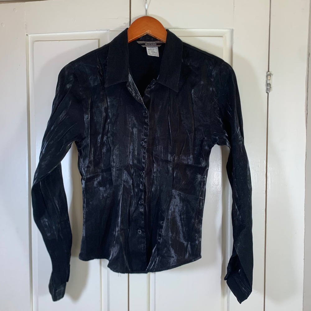 Vintage Black Metallic Shimmer Button Up Blouse M USA Sophisticated Whimsigoth